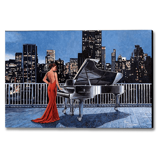 oil painting New York Skyline by Theo Michael titled Pianist On The Roof