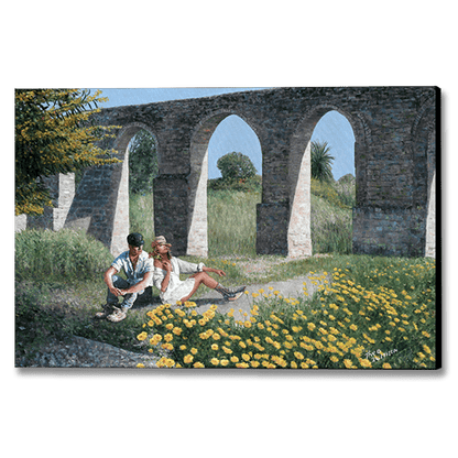 A canvas print of the typical Cyprus landscape in springtime. after an oil painting by Theo Michael featuring the Kamares Aqueduct in Larnaca