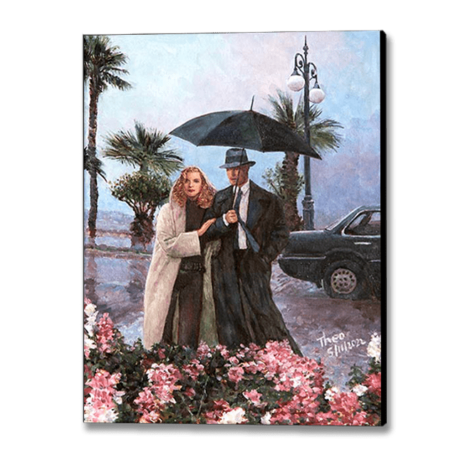 Canvas print of an oil paintings Larnaca promenade Finikoudes in the rain by Theo Michael