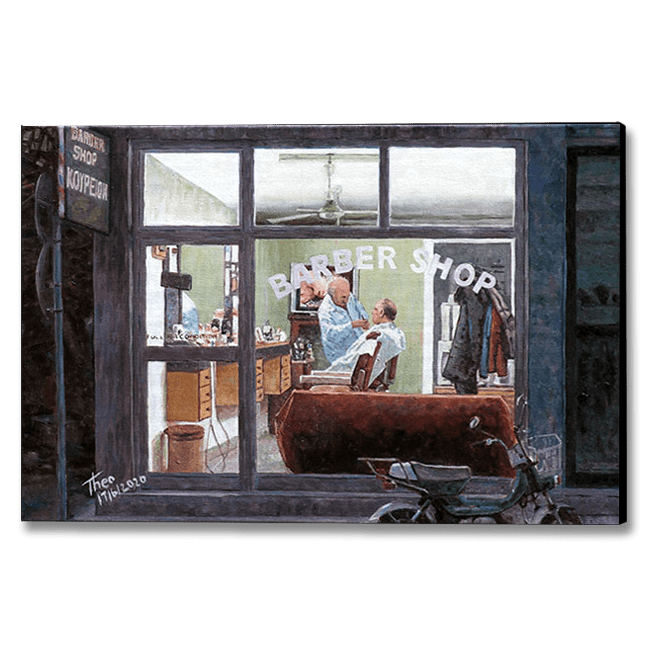 oil painting The Barbershop by Theo Michael featuring a barber at his craft in his studio