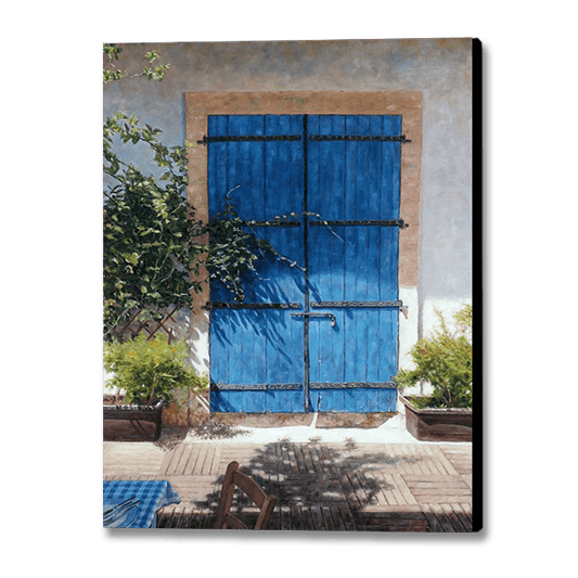 Mediterranean paintings by Theo Michael, Blue Door In Summer Light. Blue Door paintings , canvas prints and fine art prints to fall in love with