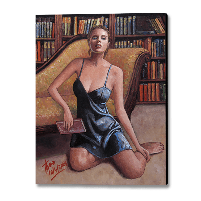 Oil painting The Bookworm, a seductive painting of a femme fatale lounging in front of a bookshelf by Theo Michael