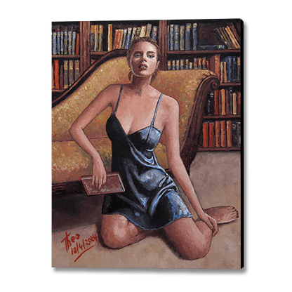 Oil painting The Bookworm, a seductive painting of a femme fatale lounging in front of a bookshelf by Theo Michael