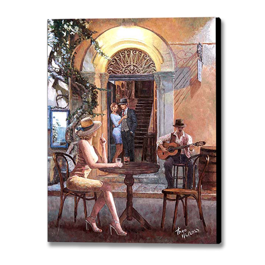 oil painting The Guitar Player by Theo Michael a Cafe and Bar painting featuring a beautiful entrance to the restaurant night