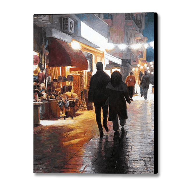 Oil Painting of a wet street painting in Athens by Theo Michael. A night scene with beautiful reflections 