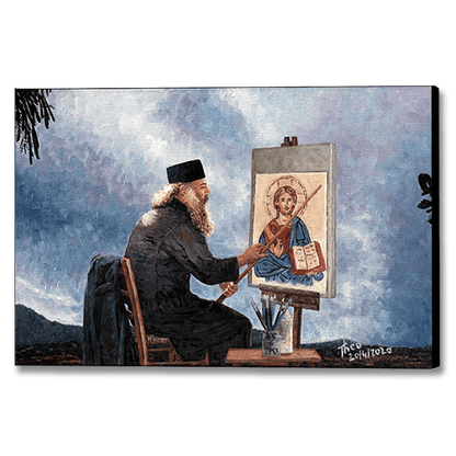 oil painting of a traditional Cypriot priest painting an icon by Theo Michael. A painting set on a mountain top plein air
