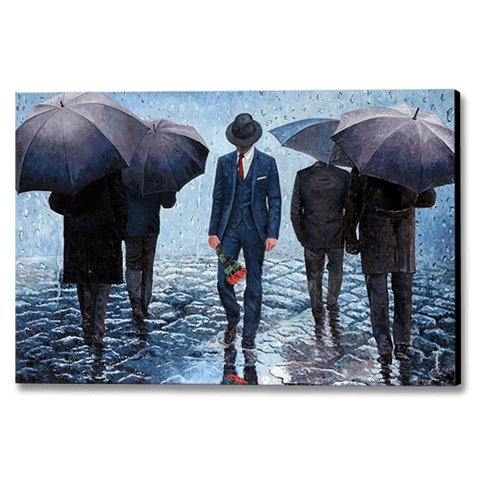 umbrella painting, walking in the rain, an oil painting  titled The Long Goodbye. Enhance Your Home with Art by Theo Michael: Artful Canvas Paintings and Fine Art Prints