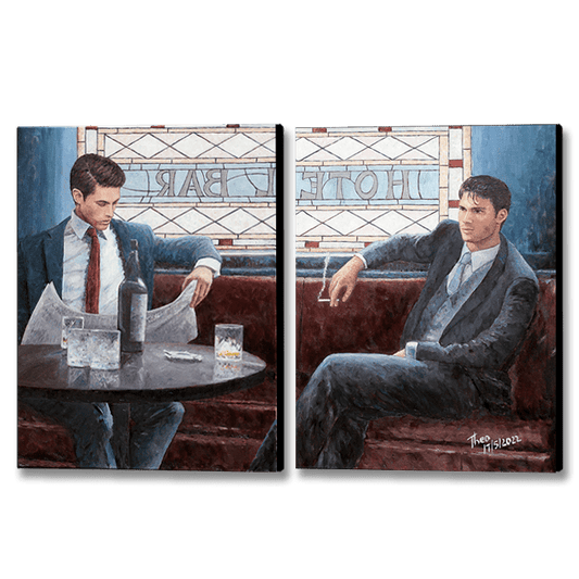 Canvas print, The Lounge Bar a diptych by Theo Michael featuring the interior of hotel bar