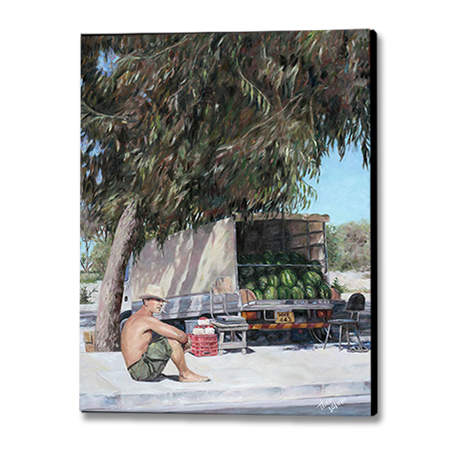 Traditional Cyprus oil painting, The Melon Seller a Canvas Print by Theo Michael