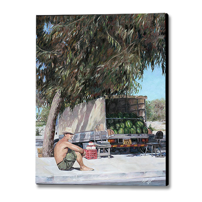 Traditional Cyprus oil painting, The Melon Seller a Canvas Print by Theo Michael