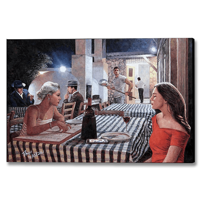 Restaurant painting at night by Theo Michael, a canvas print featuring Militzis restaurant in Larnaca Cyprus