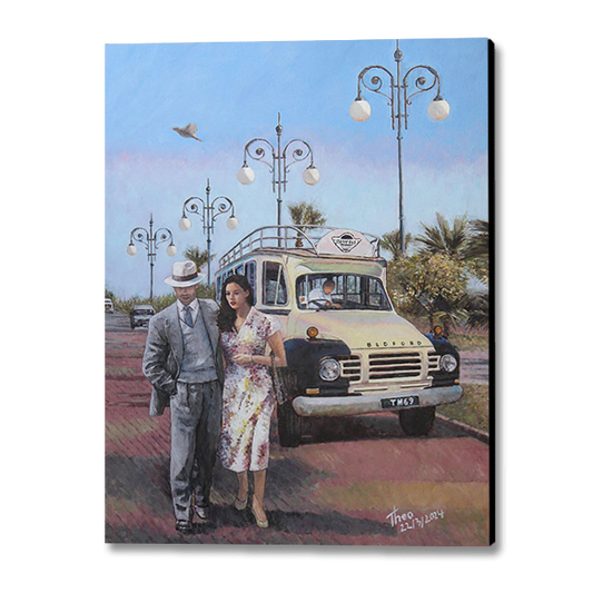 oil painting, The Sunday Stroll along the palm tree promenade in Larnaca, Finikoudes. A painting by Theo Michael featuring a classic Beford Bus and iconic and traditional Street lamps in the background.