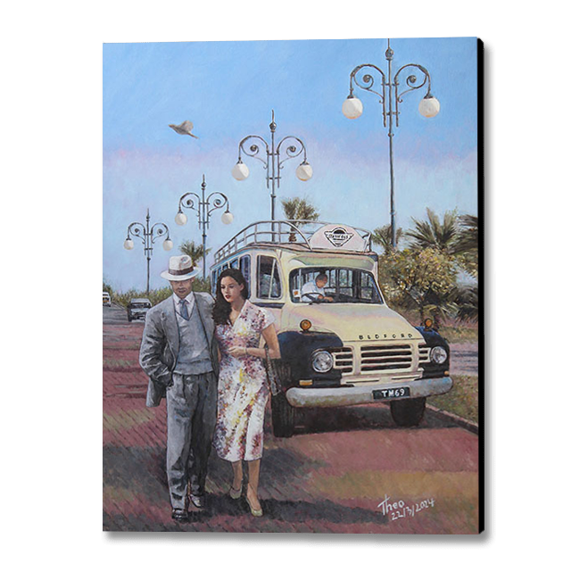 oil painting, The Sunday Stroll along the palm tree promenade in Larnaca, Finikoudes. A painting by Theo Michael featuring a classic Beford Bus and iconic and traditional Street lamps in the background.