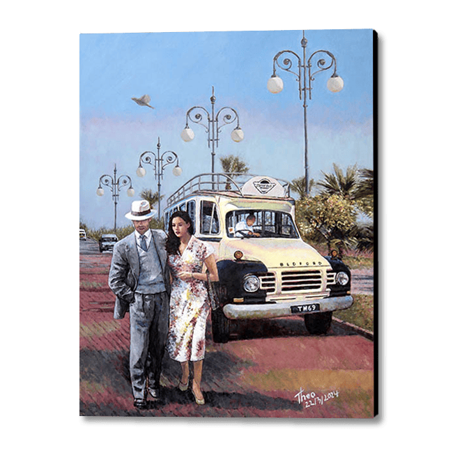 Canvas print of the oil painting, The Sunday Stroll along the palm tree promenade in Larnaca, Finikoudes. A painting by Theo Michael featuring a classic Beford Bus and iconic and traditional Street lamps in the background.