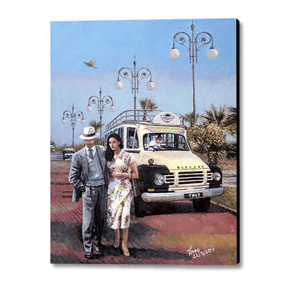Canvas print of the oil painting, The Sunday Stroll along the palm tree promenade in Larnaca, Finikoudes. A painting by Theo Michael featuring a classic Beford Bus and iconic and traditional Street lamps in the background.