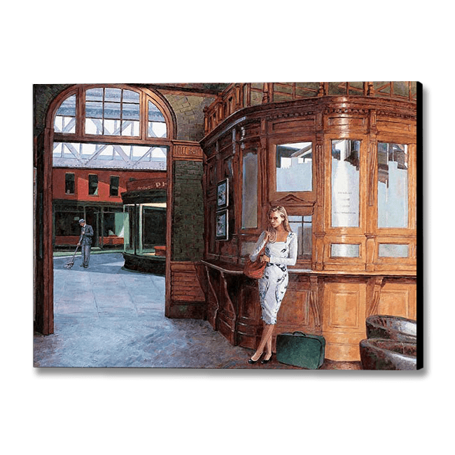 Edward Hopper style painting by Theo Michael titled The Ticket Office featuring the Victorian Royal Railway Station in Windsor UK