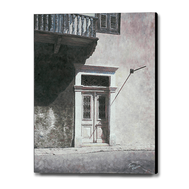 Canvas Print of a Mediterranean door painting by Theo Michael, Cyprus White Door in Larnaca