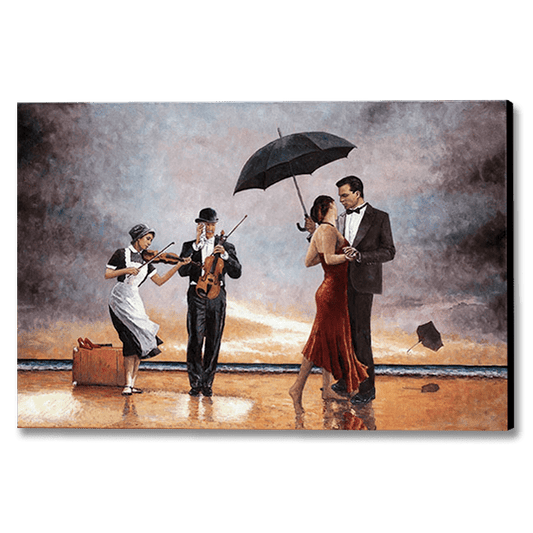 Homage to the Singing Butler, a painting inspired by Jack Vettriano and painted by Theo Michael. Discover the Beauty of dance paintings by the beach, beautiful Canvas Art and Fine Art Prints for Your Home