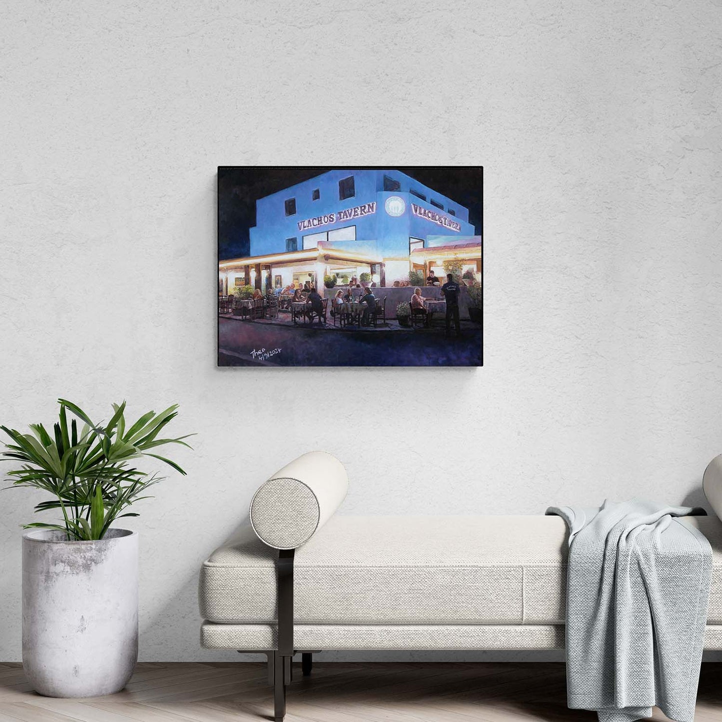 Canvas print of a Restaurant oil painting by Theo Michael, titled Vlachos Tavern, a popular Cypriot restaurant in Larnaca Cyprus