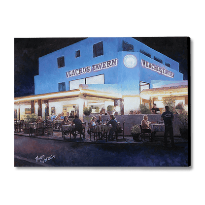 Restaurant oil painting by Theo Michael, titled Vlachos Tavern, a popular Cypriot restaurant in Larnaca Cyprus