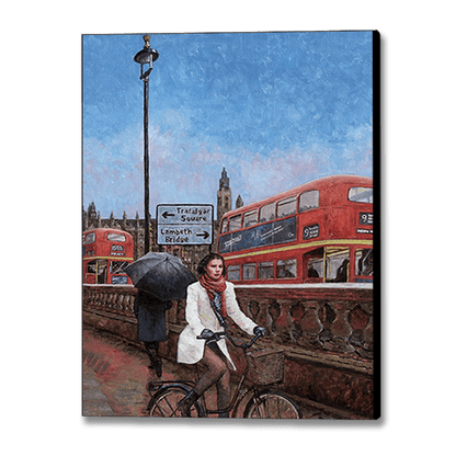 Canvas print of a london street scene with the Houses of Parliament in the background.