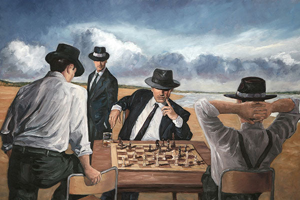 Chess painting the Chess Players by the beach by Theo Michael 
