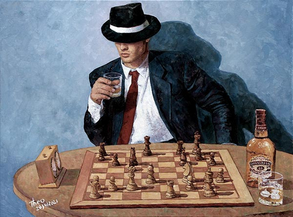 Chess painting of a chess player titled Make Your Move by Theo Michael, created in April 2021