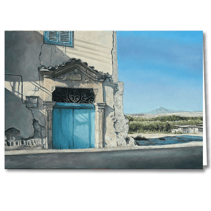 Designer Greeting Card after the oil painting Stavrovouni A Mediterranean Blue Door by Theo Michael
