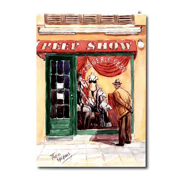 Greeting card of an older gentleman peeking into the window of a sex shop. A design after an original water colour painting by Theo Michael titled It's Never Too Late.