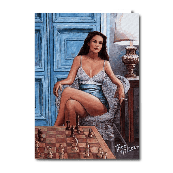 Greeting card featuring a female chess player in a seductive pose playing game of chess. A design after the oil painting Lady Playing Chess by Theo Michael