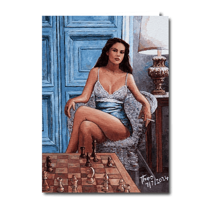 Greeting card featuring a female chess player in a seductive pose playing game of chess. A design after the oil painting Lady Playing Chess by Theo Michael