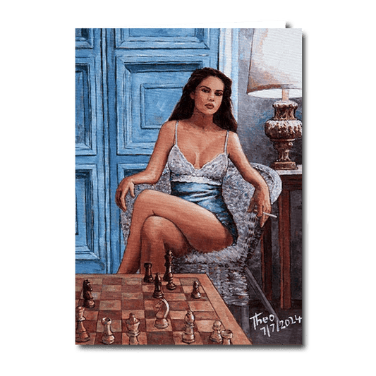 Greeting card featuring a female chess player in a seductive pose playing game of chess. A design after the oil painting Lady Playing Chess by Theo Michael