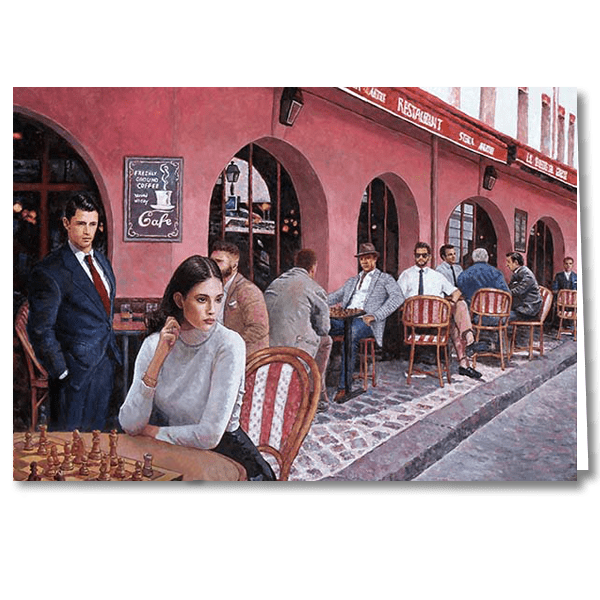 Designer Greeting Card after the oil painting The Chess Cafe by Theo Michael