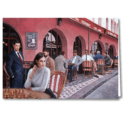 Designer Greeting Card after the oil painting The Chess Cafe by Theo Michael