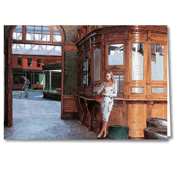 Designer Greeting Card after the oil painting Homage To Edward Hopper The Ticket Office by Theo Michael,