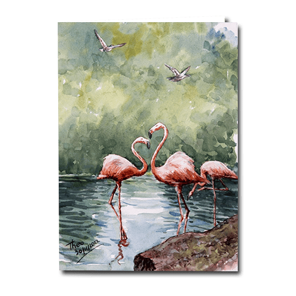 Unique Art design Greeting card featuring flamingos in Cyprus, after a watercolour painting by Theo Michael