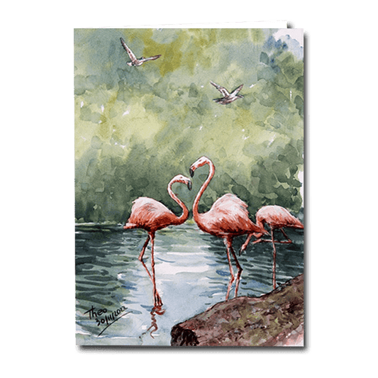 Unique Art design Greeting card featuring flamingos in Cyprus, after a watercolour painting by Theo Michael