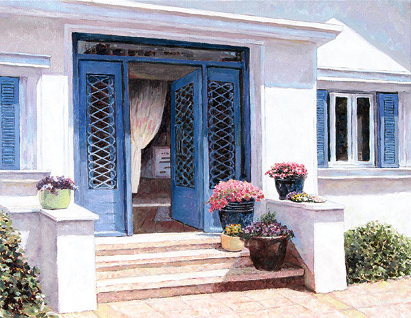 door paintings, blue door an oil painting by Theo Michael featuring the entrance to the artist's studio in Larnaca Cyprus