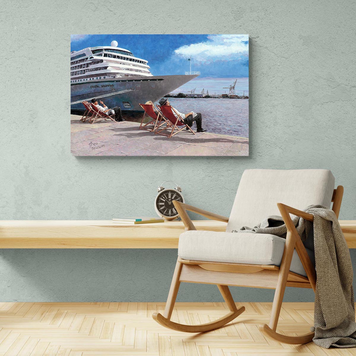 Canvas print of an Edward Hopper style painting,  People In The Sun by Theo Michael, featuring Hamburg harbour as a background and a group of people on sun loungers in the foreground in front of the cruise ship Crystal Symphony