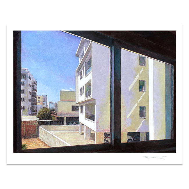 Fine Art Print depiction of  buildings through a window with a blue sky. A painting in the style of Edward Hopper