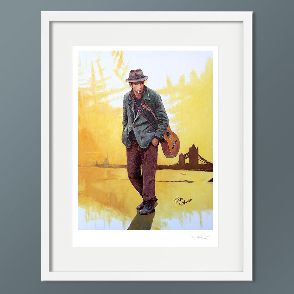 Fine Art print by Theo Michael. Bathed in warm, golden sepia tones, this evocative narrative reproduction blends London film noir sensibilities with soulful introspection. A brooding musician carrying a guitar slung across his back stands along the Thames, with Tower Bridge silhouetted against a softly glowing horizon.