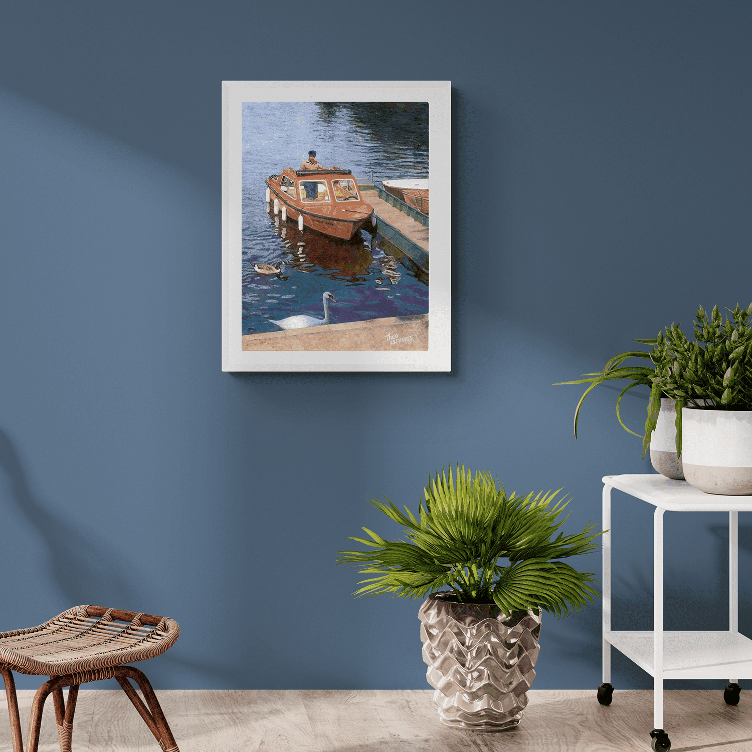 Fine Art print of a boat painting on the River Thames by Theo Michael titled Boat For Hire