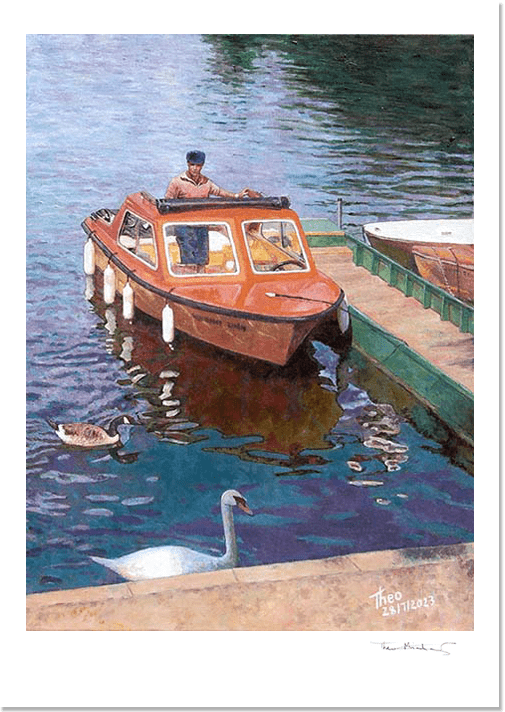 Hand signed Fine Art print of a boat painting on the River Thames by Theo Michael titled Boat For Hire