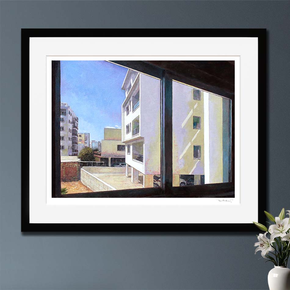 Art Print depiction of  buildings through a window with a blue sky. A painting in the style of Edward Hopper painted by Theo Michael.