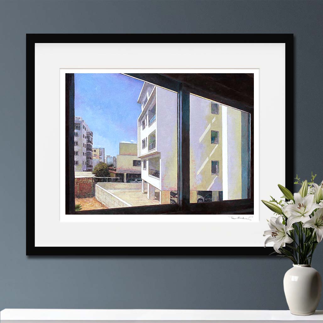 Fine Art Print depiction of  buildings through a window with a blue sky. A painting in the style of Edward Hopper painted by Theo Michael.