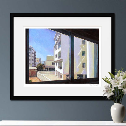 Fine Art Print depiction of  buildings through a window with a blue sky. A painting in the style of Edward Hopper painted by Theo Michael.