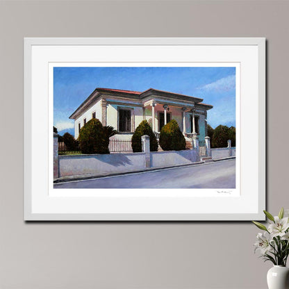 Fine art print of an imposing Mediterranean mansion lit by summer sunshine. After an original oil painting by Theo Michael titled House In Summer Light. 