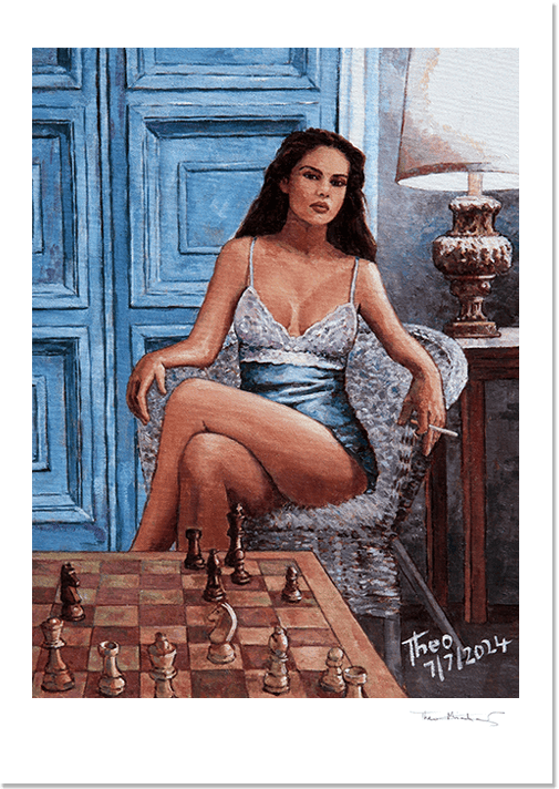 Art Print Pin Up Chess painting by Theo Michael, a woman sitting provocatively on a wicker chair  playing a game of chess 