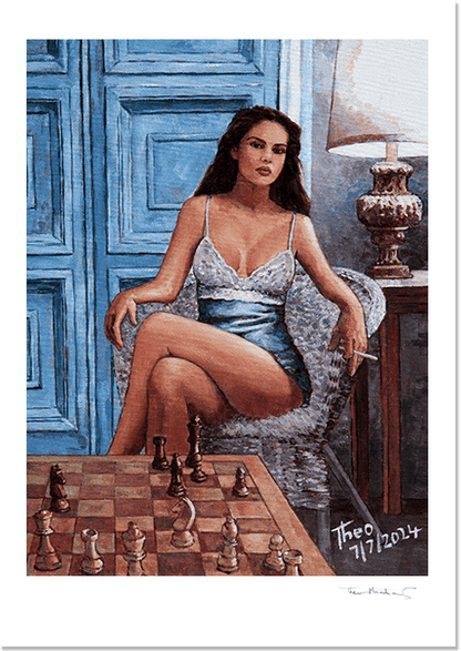 Art Print Pin Up Chess painting by Theo Michael, a woman sitting provocatively on a wicker chair  playing a game of chess 