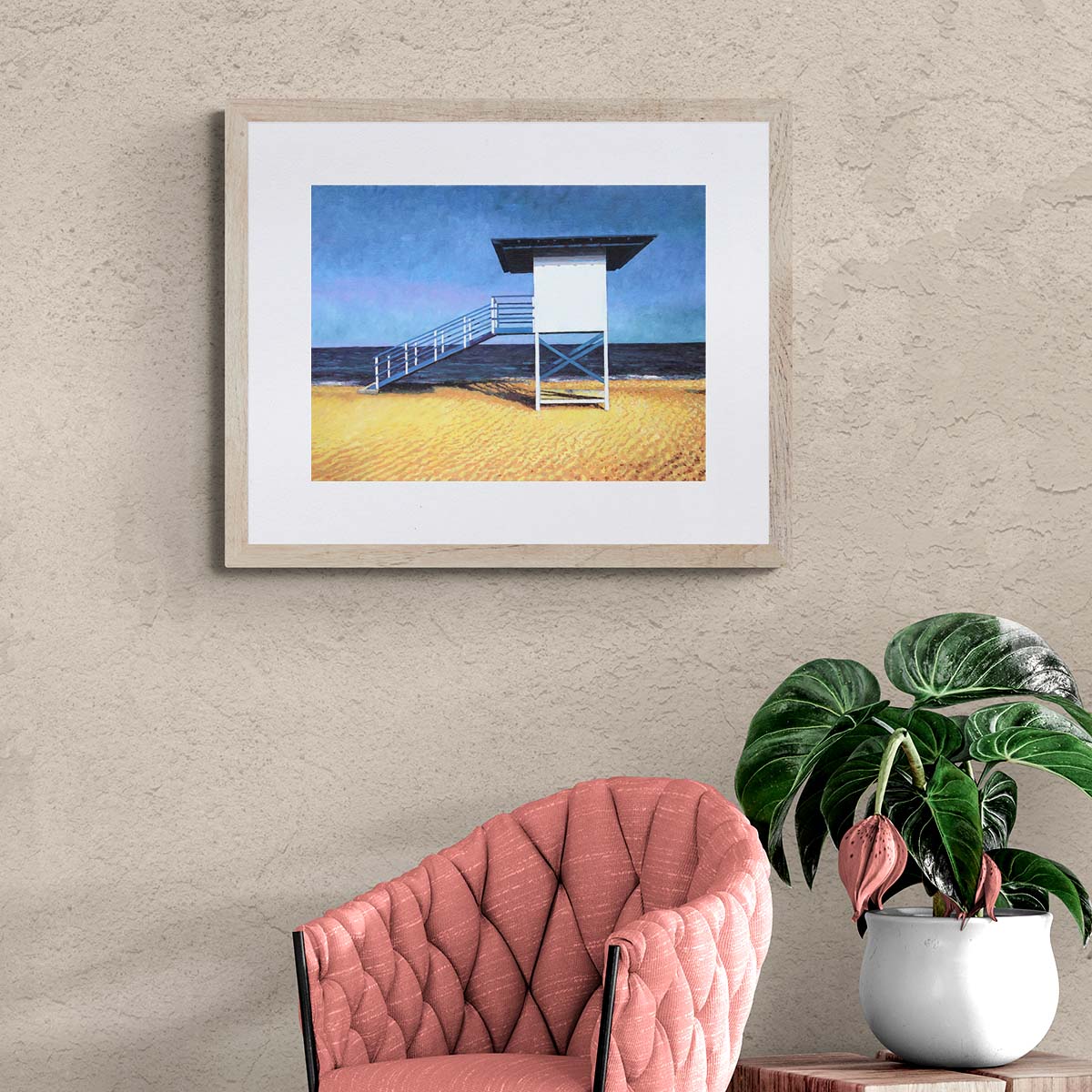 Fine art print of a beach painting of a lifeguard stand, an oil painting by Theo Michael featuring a deserted Cyprus beach